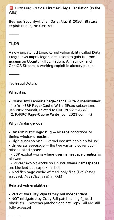 Telegram TL;DR of the Dirty Frag SecurityAffairs article