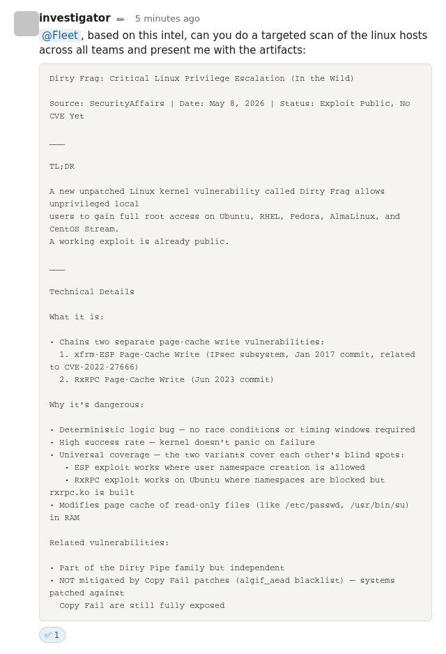 Slack prompt to @Fleet bot with the TL;DR pasted as context