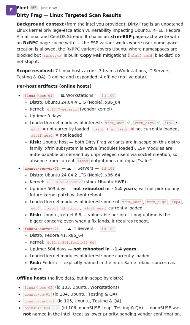 @Fleet bot&rsquo;s structured findings: 7 hosts in scope, 3 online, 4 offline, with per-host artifact details