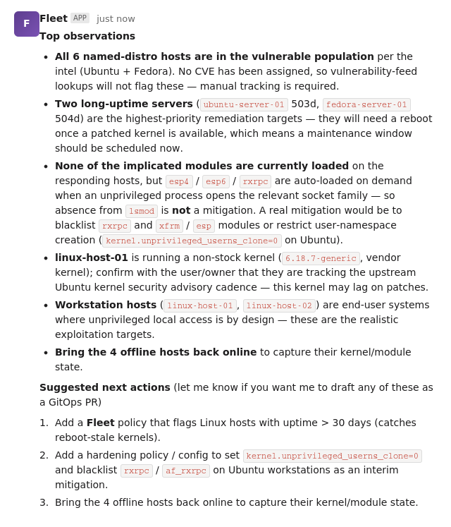 Top observations from the bot, including reboot priority and the lsmod-is-not-mitigation note