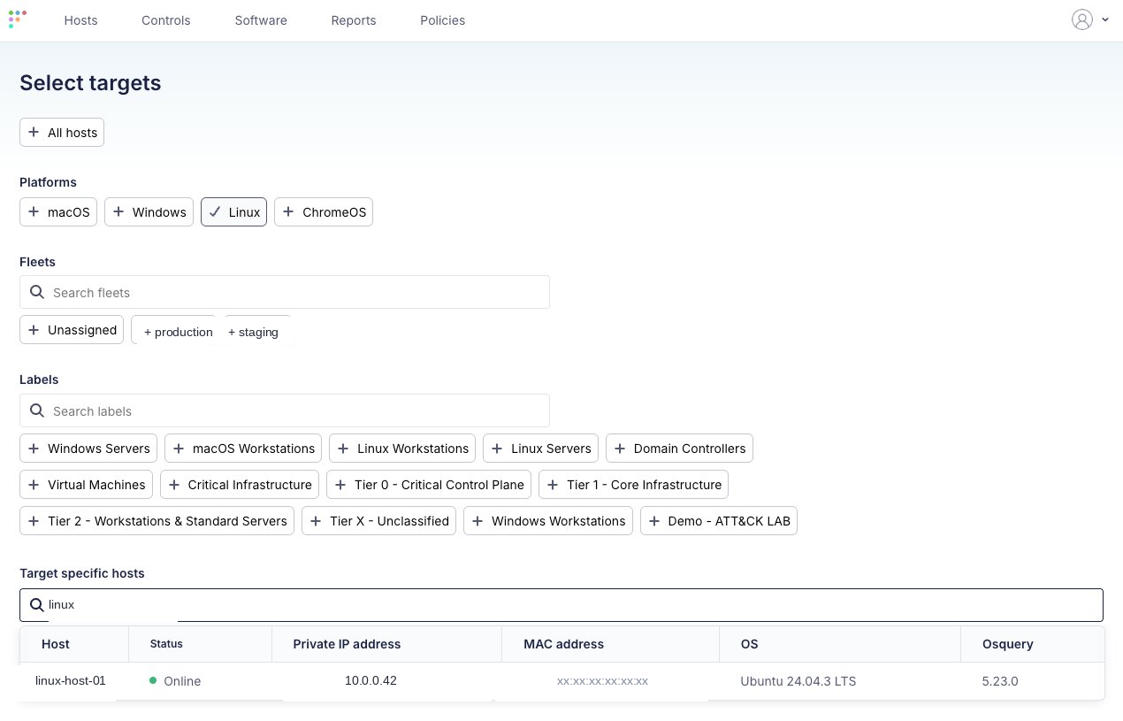 Fleet&rsquo;s Select Targets view scoped to the Linux platform