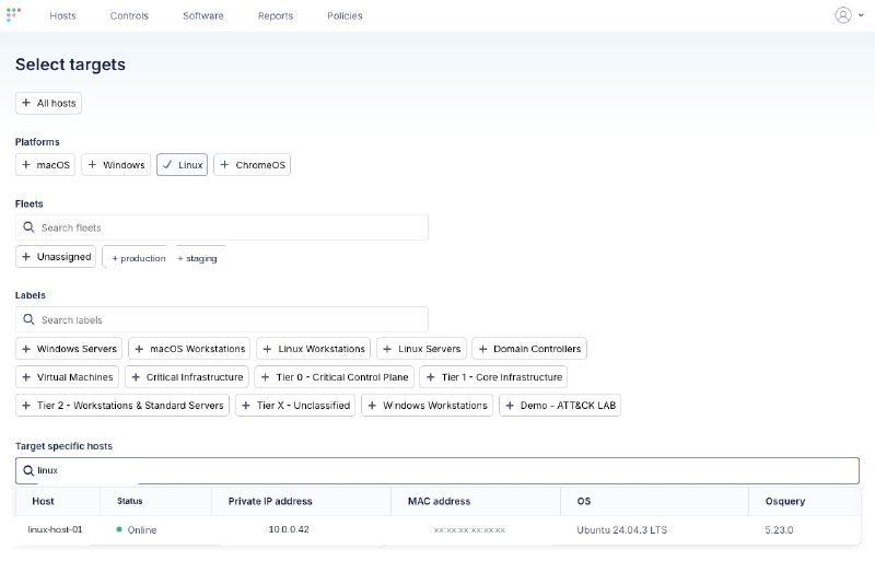 Fleet’s Select Targets view scoped to the Linux platform