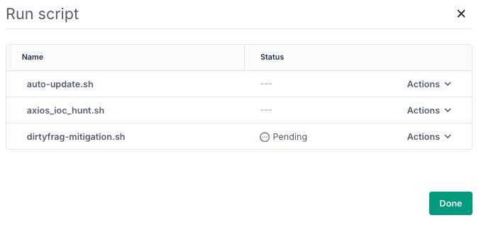 Run script modal showing dirtyfrag-mitigation.sh in Pending state