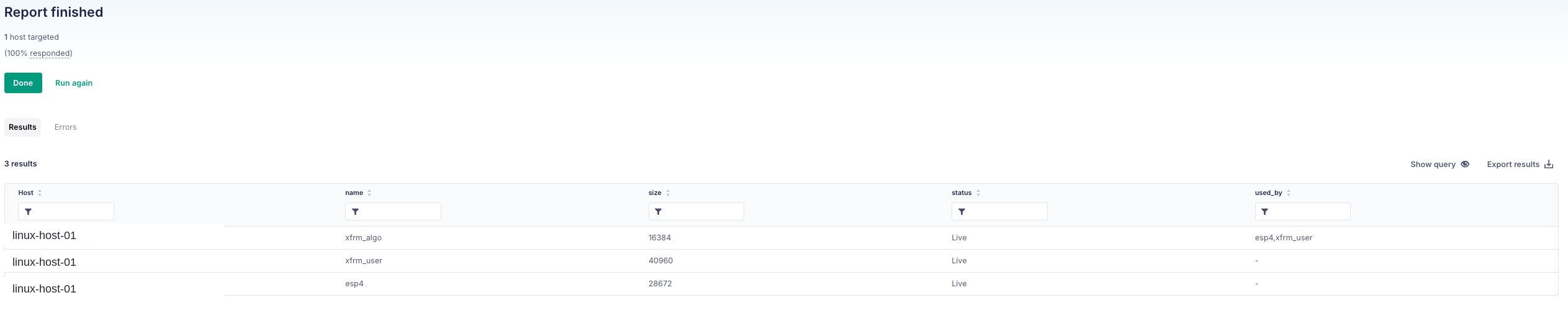 kernel_modules result showing xfrm_algo (used by esp4,xfrm_user), xfrm_user (used_by -), esp4 (used_by -)