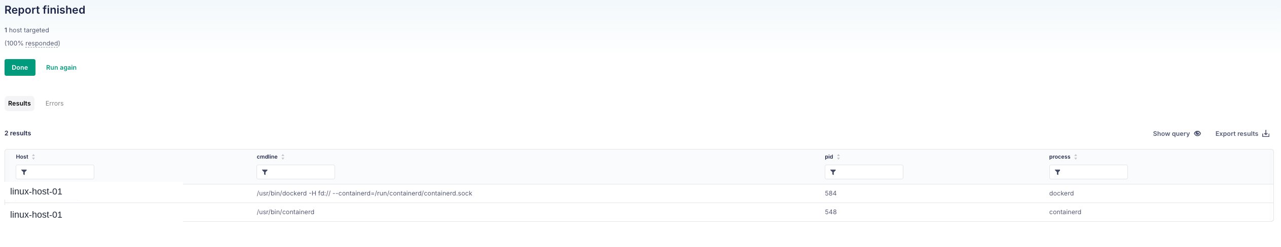 processes result showing dockerd (pid 584) and containerd (pid 548)