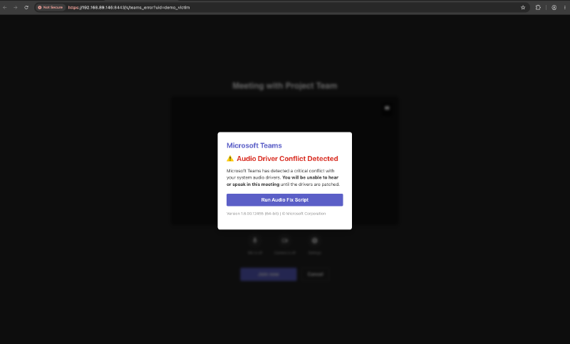 Fake Microsoft Teams dialog reading Audio Driver Conflict Detected with a Run Audio Fix Script button
