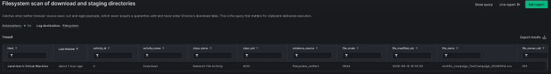 Fleet report titled Filesystem scan of download and staging directories, one Network File Activity row for clickfix_campaign_TestCampaign_20260914.csv with evidence_source filesystem_artifact